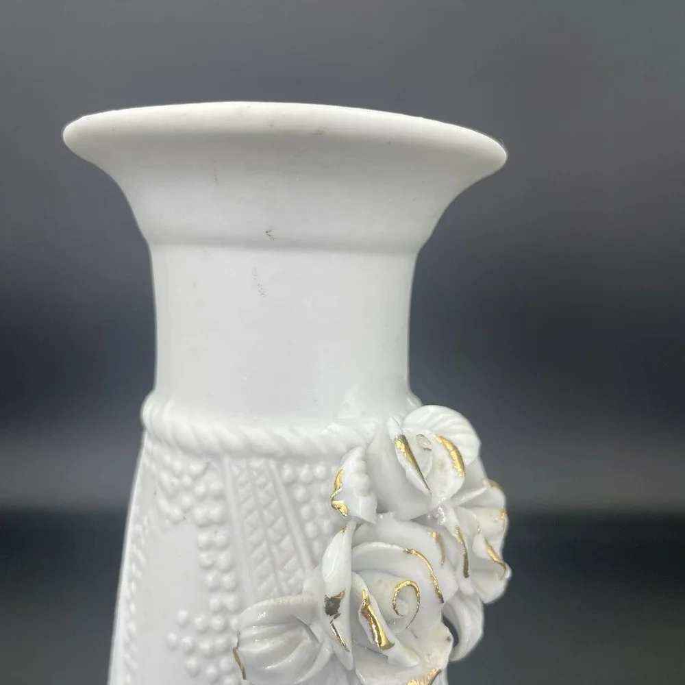 Vintage Ceramic White Vase with Roses/Gold Trim Matte /Glossy Glaze Textured